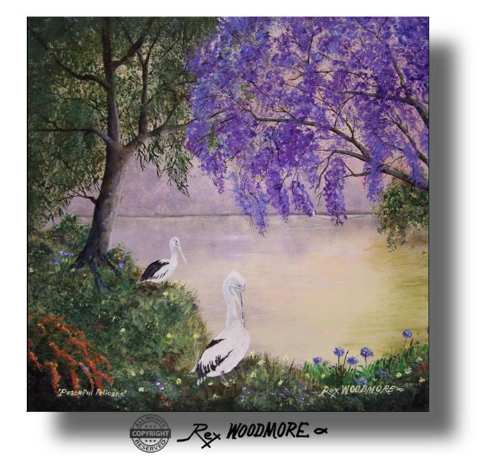Acrylic Painting by Rex Woodmore titled Peaceful Pelicans. ​