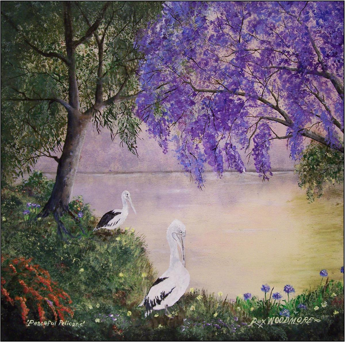 Acrylic Painting by Rex Woodmore titled Peaceful Pelicans. ​
