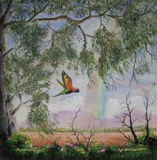 An Acrylic painting by Rex Woodmore in the Contemporary Realist style  depicting Landscape Birds Bush and Desert with main colour being Blue Green and Pink and titled Rainbow Ranges