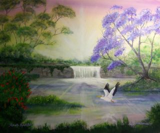 An Acrylic painting by Rex Woodmore in the Contemporary Realist style  depicting River Birds Bush and Creek with main colour being Gold Green and Olive and titled Really Restful