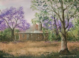 An Acrylic painting by Rex Woodmore in the Contemporary Realist style  depicting Landscape Buildings Bush and Garden with main colour being Brown Green and Purple and titled Rusty Ruin