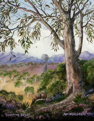 An Acrylic painting by Rex Woodmore in the Contemporary Realist style  Bush Farmland and Flowers with main colour being Brown Gold and Green and titled Gumtree Gaze