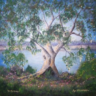 An Acrylic painting by Rex Woodmore in the Contemporary Realist style  depicting Landscape Bush Flowers and Lake with main colour being Blue Brown and Green and titled Spring Sprang