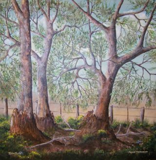 An Acrylic painting by Rex Woodmore in the Contemporary Realist style  depicting Landscape Bush Farmland and Flowers with main colour being Blue Brown and Cream and titled Three Trees