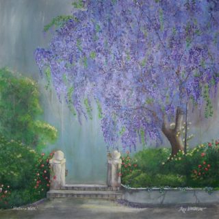 An Acrylic painting by Rex Woodmore in the Contemporary Realist style  Buildings Flowers and Garden with main colour being Blue Green and Grey and titled Wisteria Walk