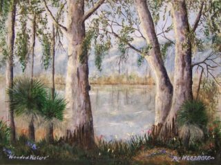 An Acrylic painting by Rex Woodmore in the Contemporary Realist style  depicting Landscape Bush Creek and Flowers with main colour being Brown Green and Grey and titled Wooded Waters