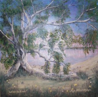 An Acrylic painting by Rex Woodmore in the Contemporary style  Bush Lake and Outback with main colour being Green Grey and Pink and titled Lakeside Limbs