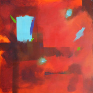 An Acrylic painting by Alex Mortensen in the Abstract style  Buildings City and Fantasy with main colour being Blue and Red and titled Window of Opportunity
