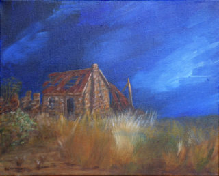An Acrylic painting by Alex Mortensen in the Realist style  depicting Buildings Farmland and Rural with main colour being Blue Brown and Cream and titled Abandoned
