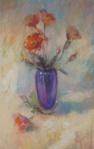 A Pastel painting by Penelope Gilbert-Ng in the Impressionist style  depicting Flowers with main colour being Blue Orange and Purple and titled Poppies