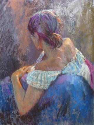 A Pastel painting by Penelope Gilbert-Ng in the Realist Impressionist style  depicting Woman with main colour being Blue Brown and Cream and titled Carmen