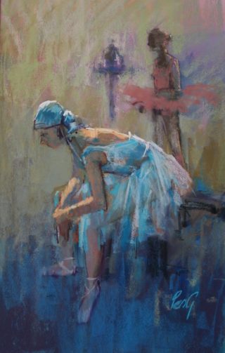 A Pastel painting by Penelope Gilbert-Ng in the Impressionist style  depicting Woman with main colour being Blue and titled The Rest