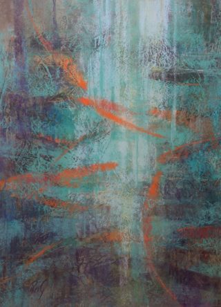 A Pastel painting by Penelope Gilbert-Ng in the Abstract style  with main colour being Blue Green and Orange and titled Haven
