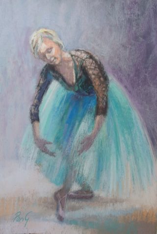 A Pastel painting by Penelope Gilbert-Ng in the Realist Impressionist style  depicting Woman with main colour being Blue Grey and Purple and titled The Pose