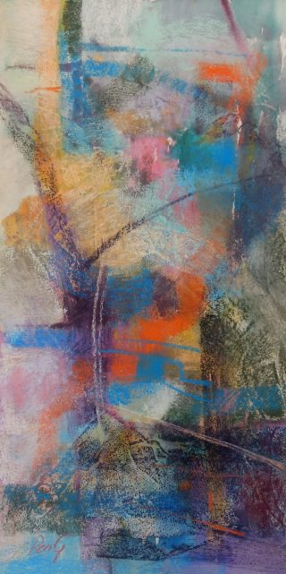 A Pastel painting by Penelope Gilbert-Ng in the Abstract style  with main colour being Blue Orange and Pink and titled Self Portrait