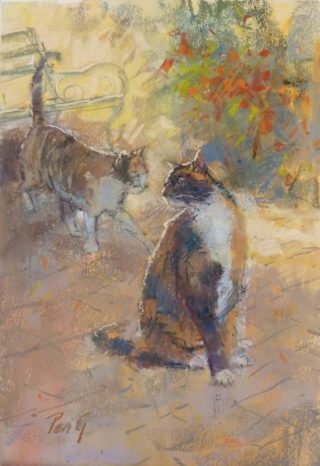 A Pastel painting by Penelope Gilbert-Ng in the Impressionist style  depicting Animals and Cats with main colour being Brown and Ochre and titled Stalking