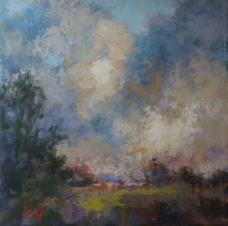 A Pastel painting by Penelope Gilbert-Ng in the Impressionist style  Trees with main colour being Blue and Brown and titled Clouds