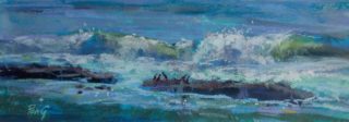 A Pastel painting by Penelope Gilbert-Ng in the Impressionist style  depicting Seascape Waves with main colour being Blue and titled Cormorant Dare