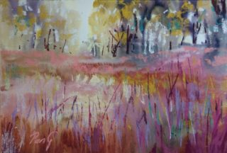 A Pastel painting by Penelope Gilbert-Ng in the Impressionist style  depicting Landscape Bush with main colour being Grey Ochre and Orange and titled Bush Magic