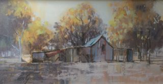 A Pastel painting by Penelope Gilbert-Ng in the Impressionist style  depicting Landscape Bush and Outback with main colour being Brown Grey and Ochre and titled Miners Cottage