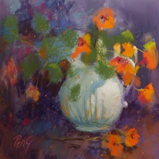 A Pastel painting by Penelope Gilbert-Ng in the Impressionist style  depicting Flowers and Vases with main colour being Cream Orange and Purple and titled Nasturtiums
