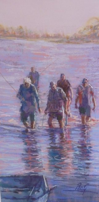 A Pastel painting by Penelope Gilbert-Ng in the Impressionist style  depicting Seascape People River and Water with main colour being Purple and titled The Bait Hunters