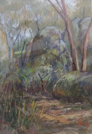 A Pastel painting by Penelope Gilbert-Ng in the Impressionist style  depicting Landscape Bush and Trees with main colour being Ochre and Olive and titled Stanthorpe Rocks