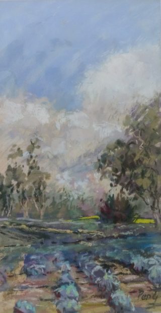A Pastel painting by Penelope Gilbert-Ng in the Impressionist style  depicting Landscape Garden Rural and Trees with main colour being Blue and Olive and titled Lavender Fields