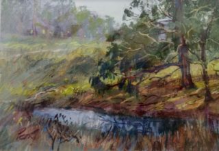 A Pastel painting by Penelope Gilbert-Ng in the Impressionist style  depicting Landscape Bush Swamp and Trees with main colour being Blue Ochre and Olive and titled Farm Creek