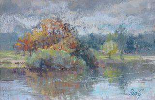 A Pastel painting by Penelope Gilbert-Ng in the Impressionist style  depicting Landscape Bush River and Swamp with main colour being Blue Ochre and Olive and titled Quartpot Creek