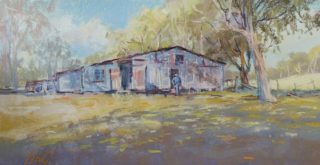 A Pastel painting by Penelope Gilbert-Ng in the Impressionist style  depicting Landscape Bush Outback and Sheds with main colour being Blue Grey and Ochre and titled The Shed