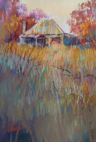 A Pastel painting by Penelope Gilbert-Ng in the Impressionist style  depicting Landscape Farmland and Rural with main colour being Blue Orange and Yellow and titled Old House