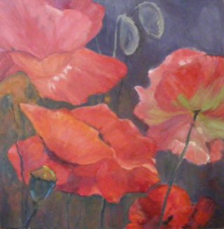 An Oil painting by Trish Bennett in the Contemporary style  Flowers with main colour being Green Pink and Red and titled Warms The Heart Poppies