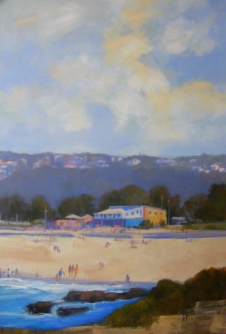 An Acrylic painting by Trish Bennett in the Impressionist style  depicting Beach with main colour being Blue Ochre and Purple and titled A Special Place Maroubra