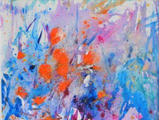 A Mixed Media painting by Trish Bennett in the Abstract style  depicting Flowers with main colour being Blue Grey and Orange and titled Colour Magic