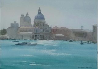 A Watercolour painting by Kasey Sealy in the Impressionist style  depicting Landscape Buildings City and Water with main colour being Blue and titled Venice