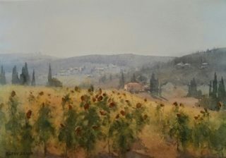 A Watercolour artwork by Kasey Sealy in the Impressionist style  depicting Landscape Flowers Hills and Rural with main colour being Blue Grey and Ochre and titled Tuscan Light