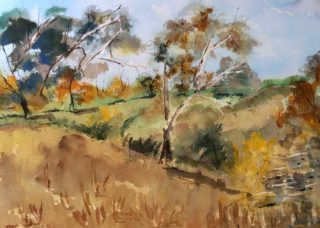 A Watercolour painting by Margaret Morgan Watkins in the Impressionist style  depicting Landscape Bush and Trees with main colour being Blue Ochre and Olive and titled Along a Country Road