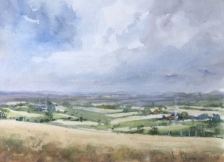 A Watercolour painting by Vivi Palegeorge in the Realist Impressionist style  depicting Landscape Farmland Hills and Mountains with main colour being Blue Green and Grey and titled Moving into summer.