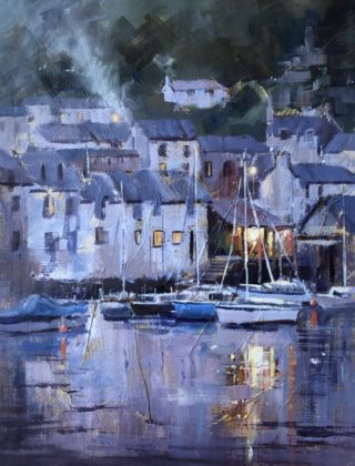 A Mixed Media painting by Vivi Palegeorge in the Contemporary Realist style  depicting Buildings Boats and Jetty with main colour being Grey and titled Polperro twilight.