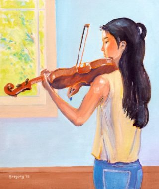 An Oil painting by Gregory Pastoll in the Realist Impressionist style  depicting Woman Girl and Music with main colour being Blue Brown and Cream and titled Violinist Practising