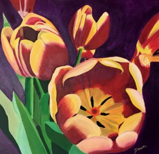 An Acrylic painting by Dawn Luttrell in the Realist style  Flowers with main colour being Purple Red and Yellow and titled Tulips from Anthony