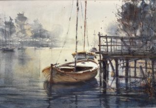 A Watercolour artwork by Annee Kelly in the Realist Impressionist style  depicting Boats and Water with main colour being Blue Brown and Cream and titled The Sound of Silence