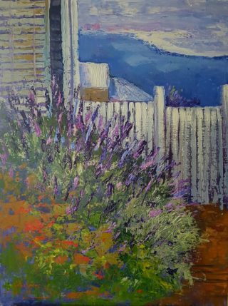 An Acrylic painting by Kathy Karas in the Impressionist style  depicting Flowers with main colour being Blue Purple and White and titled Lavender Garden