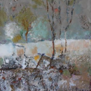 A  painting by Marian Alexopoulos in the Abstract style  with main colour being Blue Brown and Cream and titled Out Bush