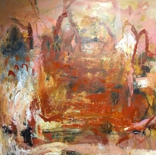 A Mixed Media painting by Rhonda Campbell in the Abstract style  with main colour being Cream Orange and Pink and titled Lost City