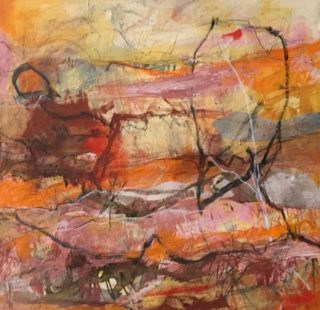 A Mixed Media painting by Rhonda Campbell in the Abstract style  with main colour being Brown Orange and Pink and titled Tanami Track