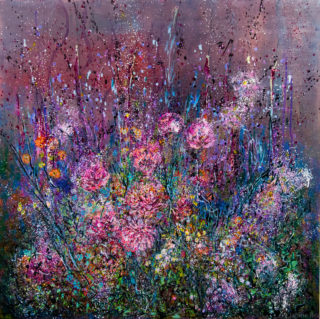 An Acrylic painting by Janine Rea in the Semi-Abstract style  depicting Flowers with main colour being Pink and Purple and titled Purple Pink Floral
