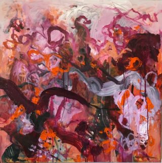 An Acrylic painting by Rhonda Campbell in the Abstract style  with main colour being Black Grey and Red and titled Wild Blackberries