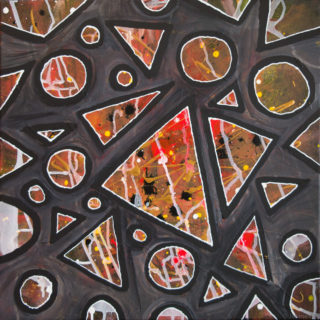 An Acrylic painting by Janine Rea in the Abstract style  with main colour being Black Ochre and Orange and titled Triangles